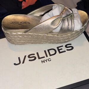 J/SLIDES Gold Knotted Espadrille Platform Slide BRAND NEW - never worn